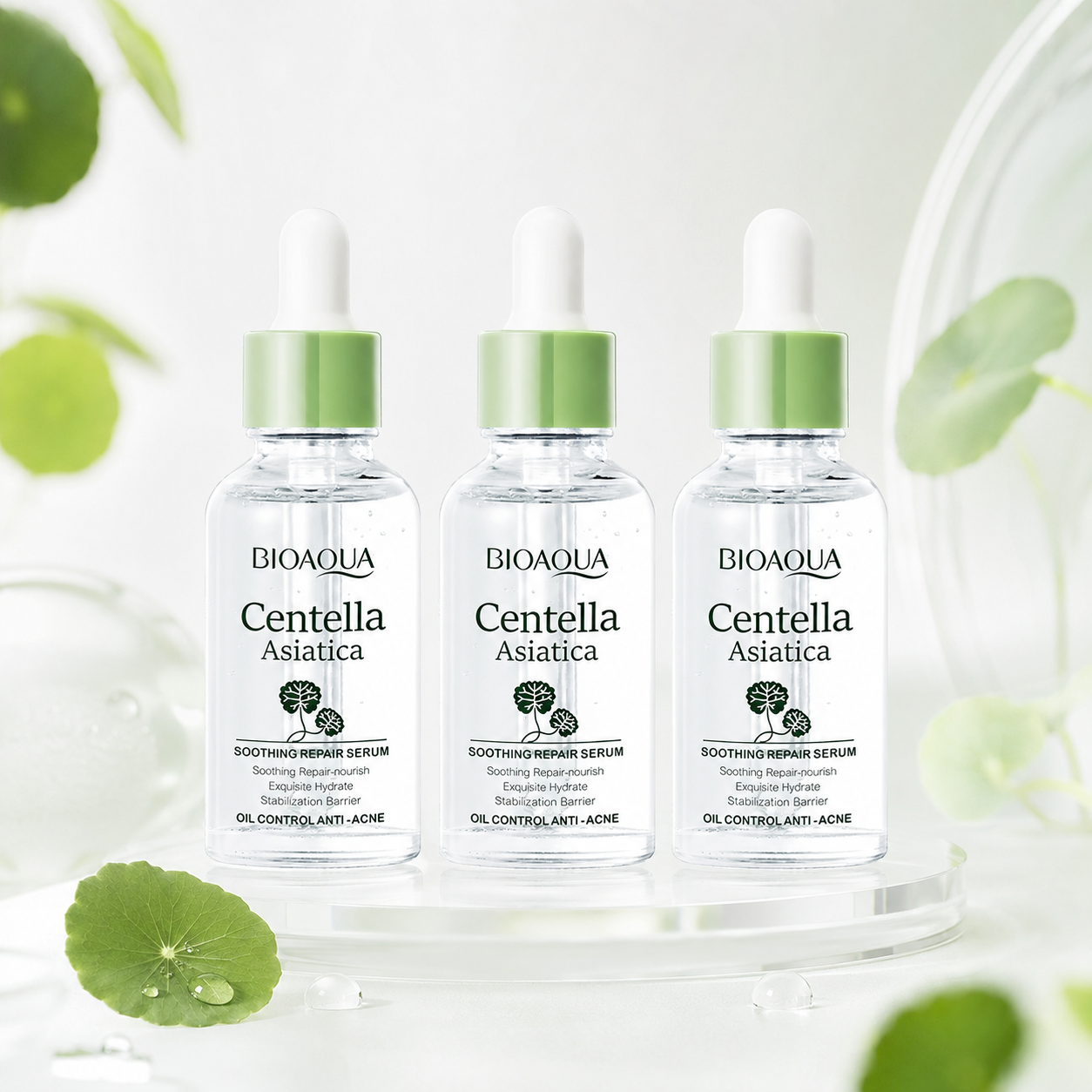 BIOAQUA Centella Asiatica face serum, three green dropper bottles on tray
