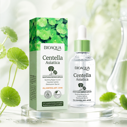 BIOAQUA Centella Asiatica face serum, green dropper bottle with matching box