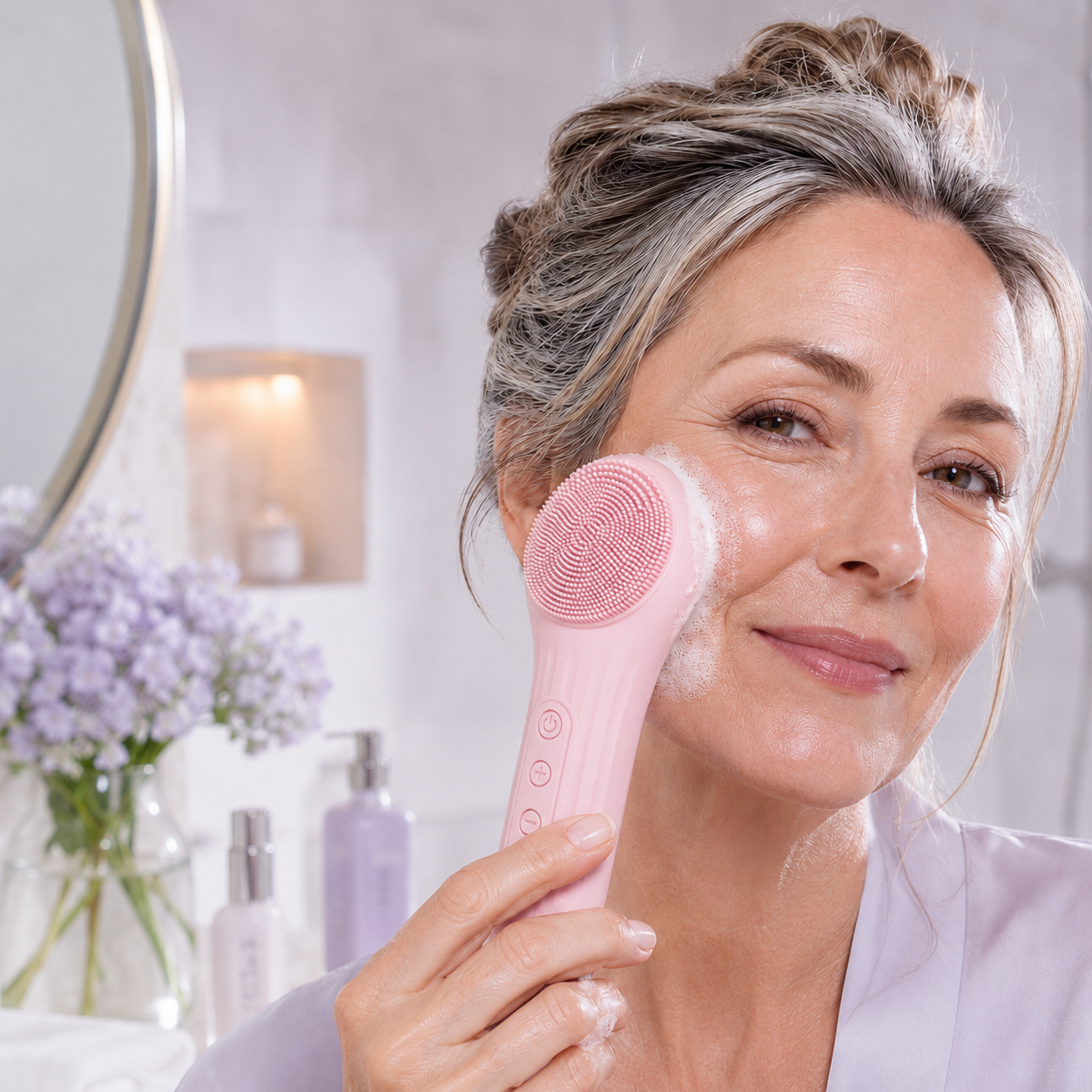 Pink silicone facial cleansing brush with circular bristle head and control buttons