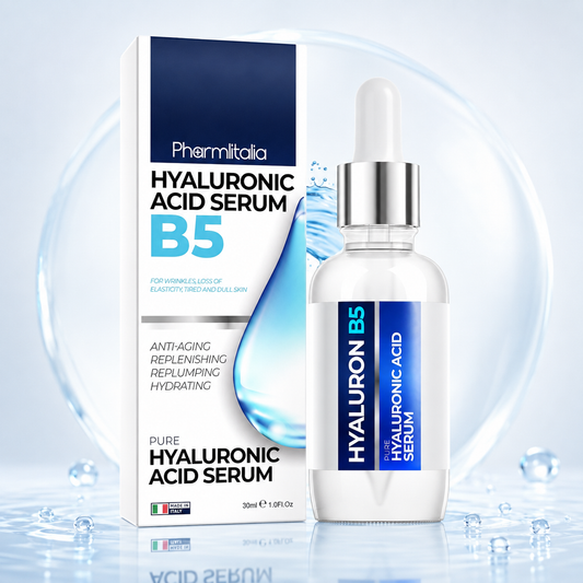 Hyaluronic acid B5 serum bottle with white cardboard package.