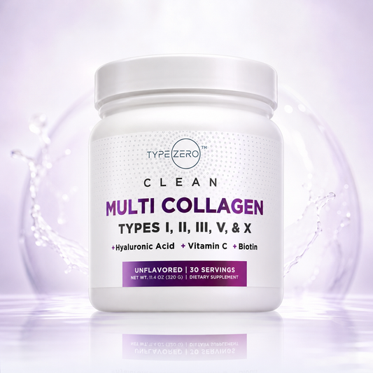 Unflavored multi collagen powder jar with “Clean” label, Types I–V, hyaluronic acid