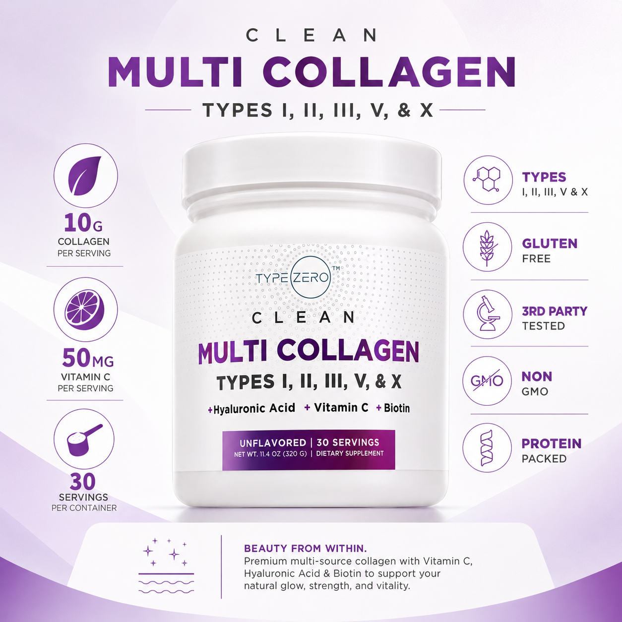 Unflavored multi collagen powder jar, purple label, 30 servings