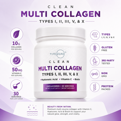 Unflavored multi collagen powder jar, purple label, 30 servings