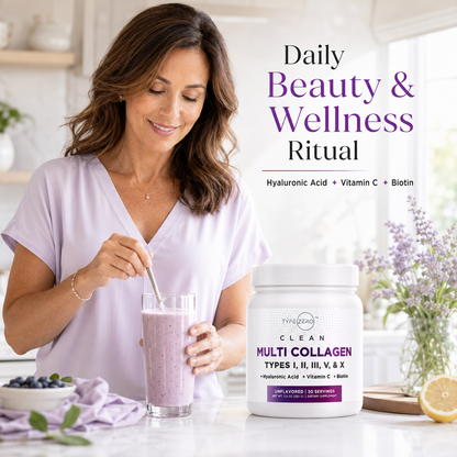 Multi collagen powder jar and scoop cup, daily beauty ritual label with hyaluronic acid