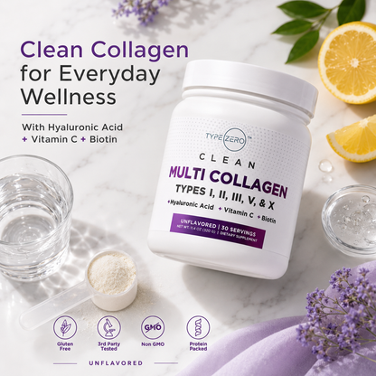 Unflavored multi collagen powder jar, purple “Types I–X” label, hyaluronic acid & biotin