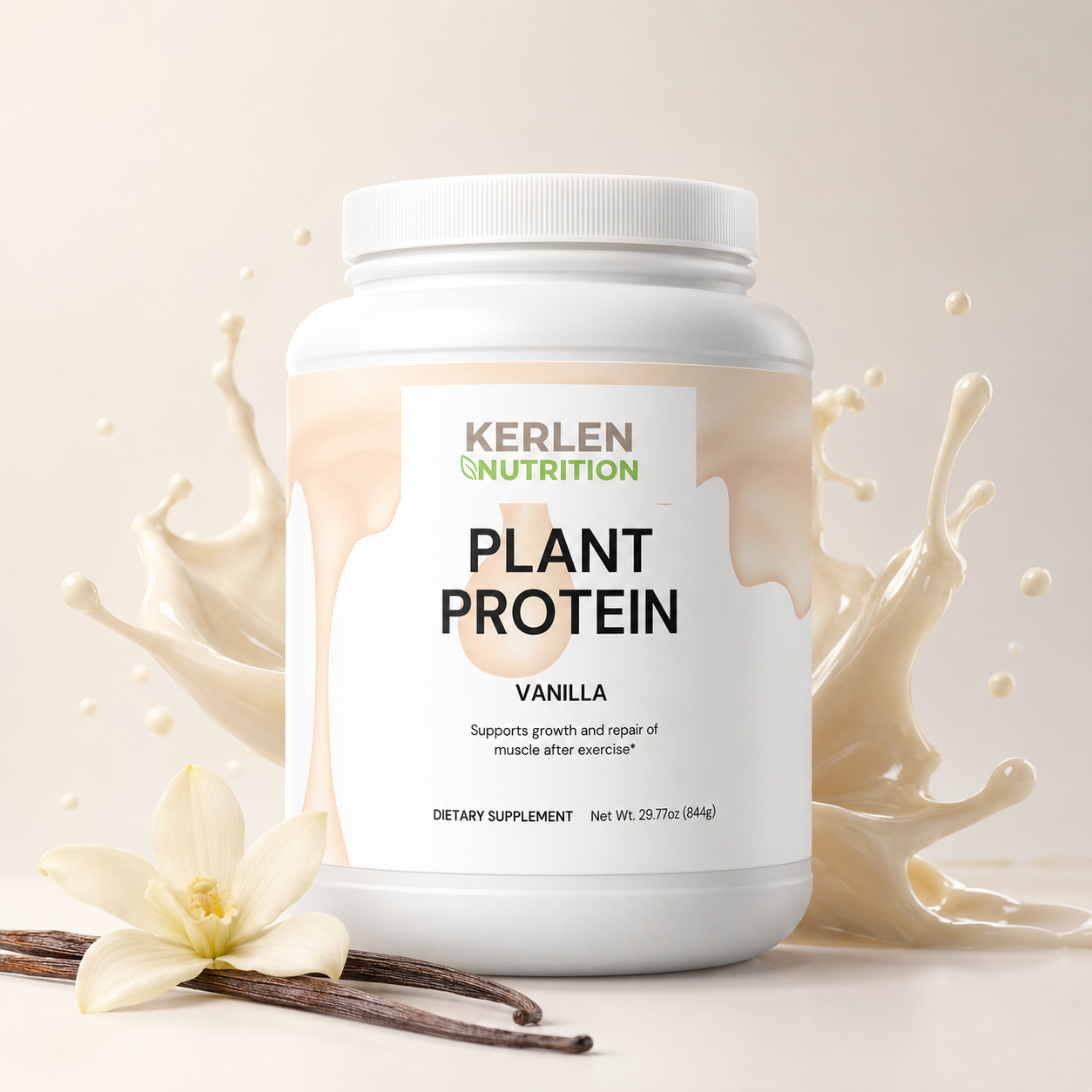 Plant protein powder tub with Vanilla label, white cap and pale cream graphics