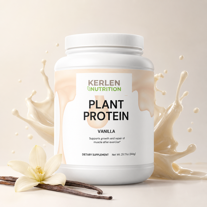 Plant protein powder tub with Vanilla label, white cap and pale cream graphics
