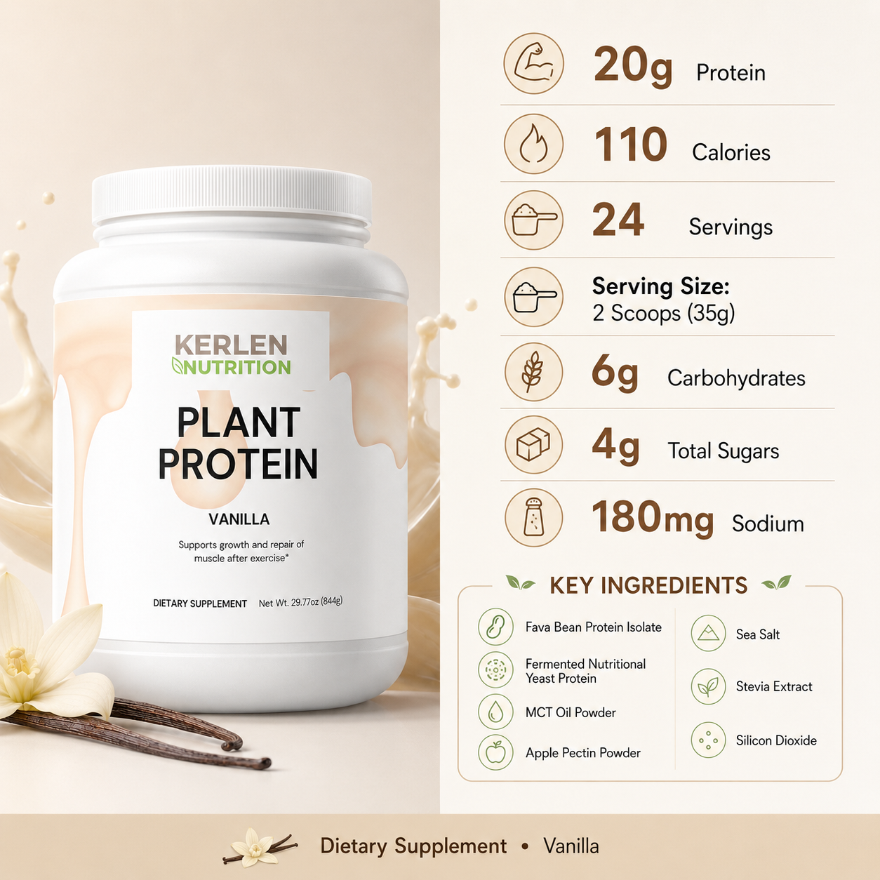 Plant protein powder tub with Vanilla label and nutrition facts panel