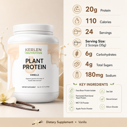 Plant protein powder tub with Vanilla label and nutrition facts panel