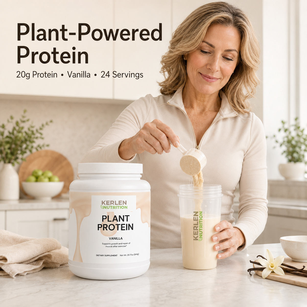 Plant protein powder tub with Vanilla label, held beside a second tub