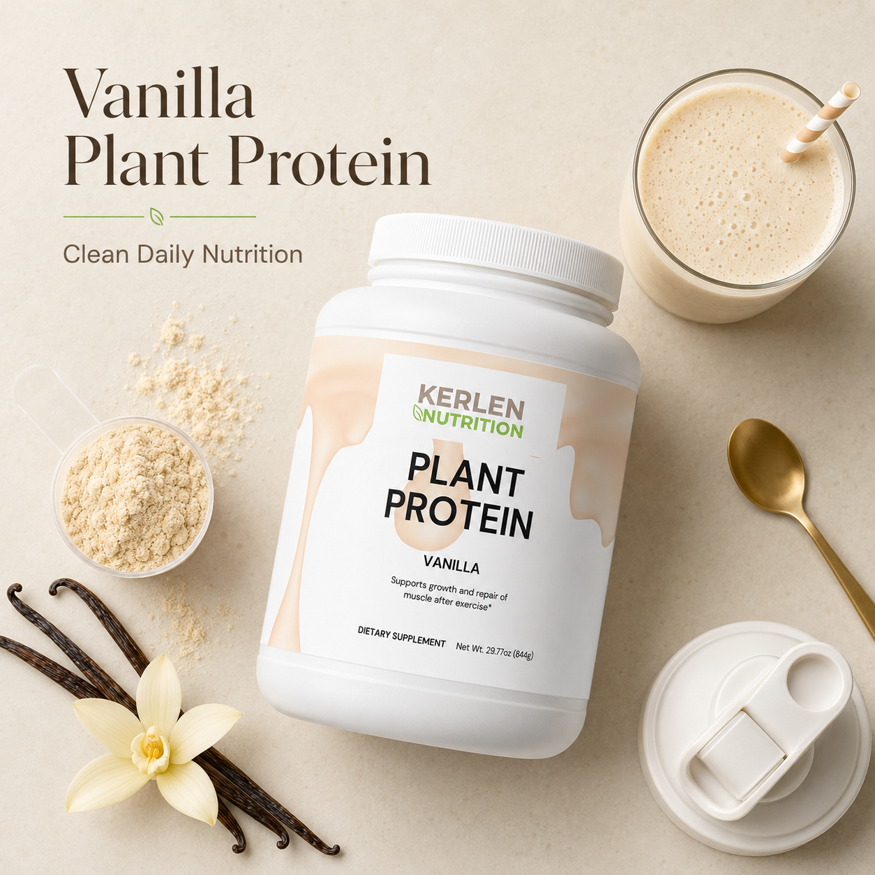 Plant protein powder tub with Vanilla label and frothy vanilla protein shake cup
