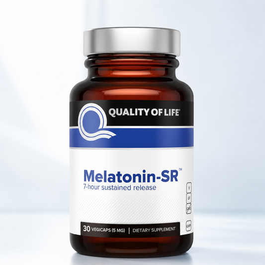 Melatonin-SR sustained release vegicap bottle in dark glass with blue label