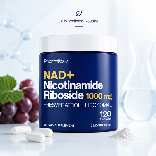 NAD+ supplement jar with lid and white capsules on a surface
