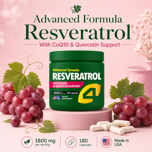 Green resveratrol dietary supplement bottle with 180 capsules and beige capsules.