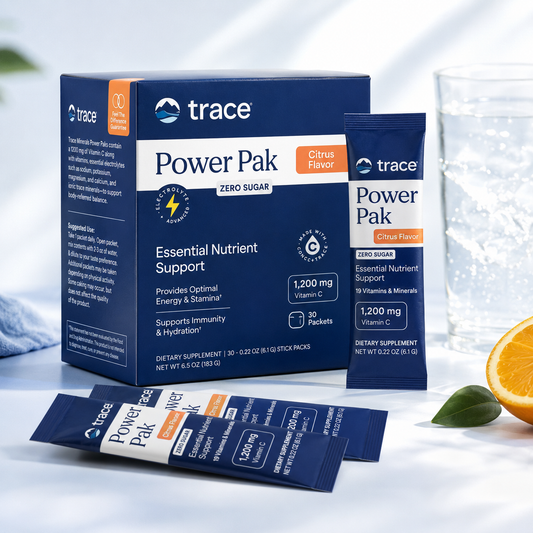 Trace Power Pak electrolyte and multivitamin packets, citrus flavor, zero sugar box and sachet