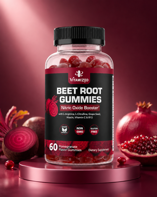 Beetroot gummy supplement bottle with black cap and red pomegranate gummies
