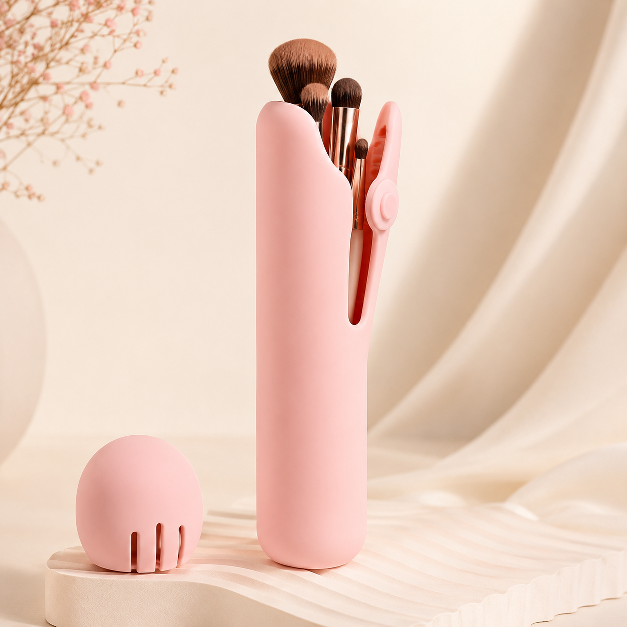 Pink silicone makeup brush holder with brush handle slot and matching sponge cap