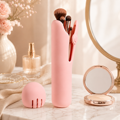 Pink silicone makeup brush holder with brush slot and sponge cap, on countertop