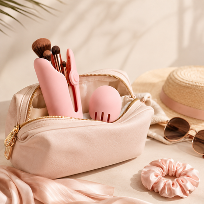 Pink silicone makeup brush holder and sponge cap inside zippered travel pouch