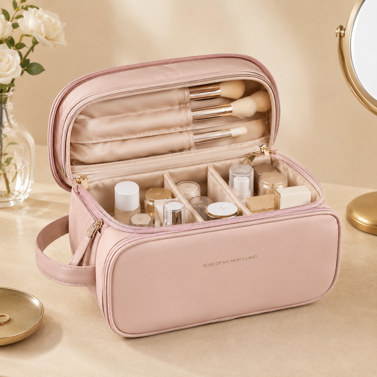 Pink makeup organizer bag opened, showing inner compartments and brush holders