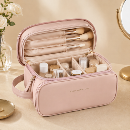 Pink makeup organizer bag opened, showing inner compartments and brush holders