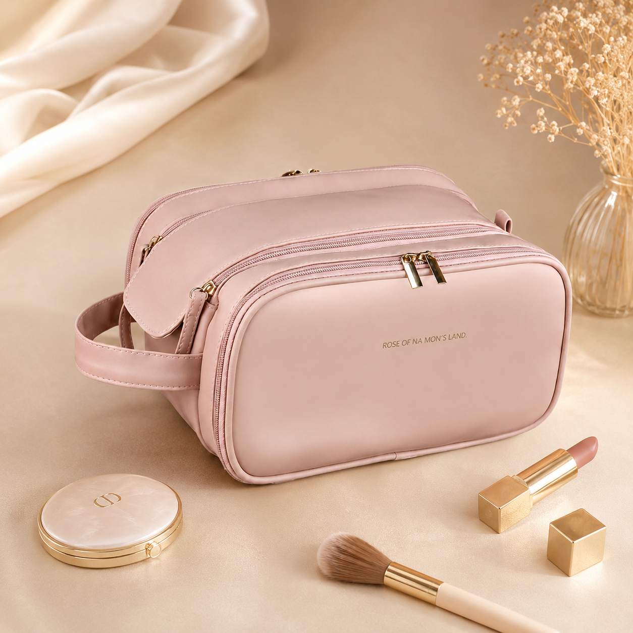 Pink travel makeup organizer bag with double zip front and top handle