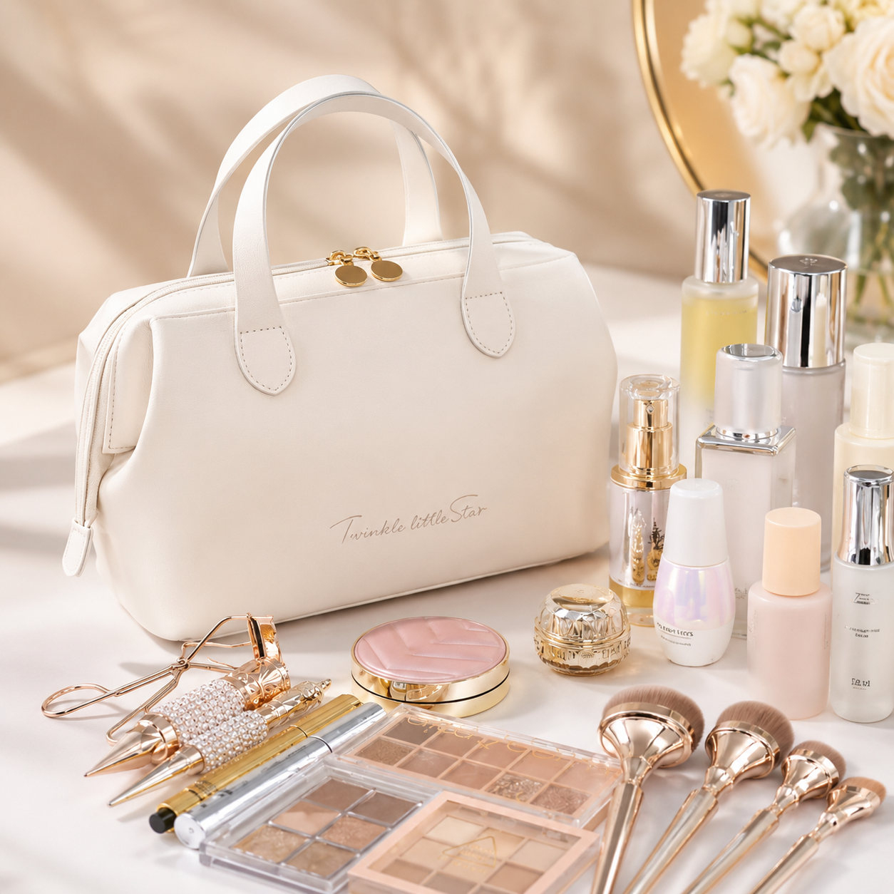 Cream beauty organizer bag with gold-tone clasp and assorted makeup items alongside