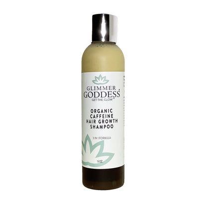 Organic caffeine hair growth shampoo bottle with silver pump-style cap