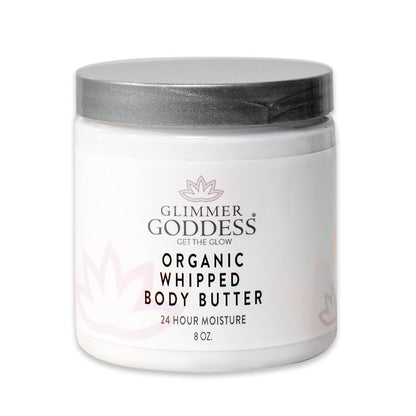 Organic whipped body butter jar with silver lid and white label front.