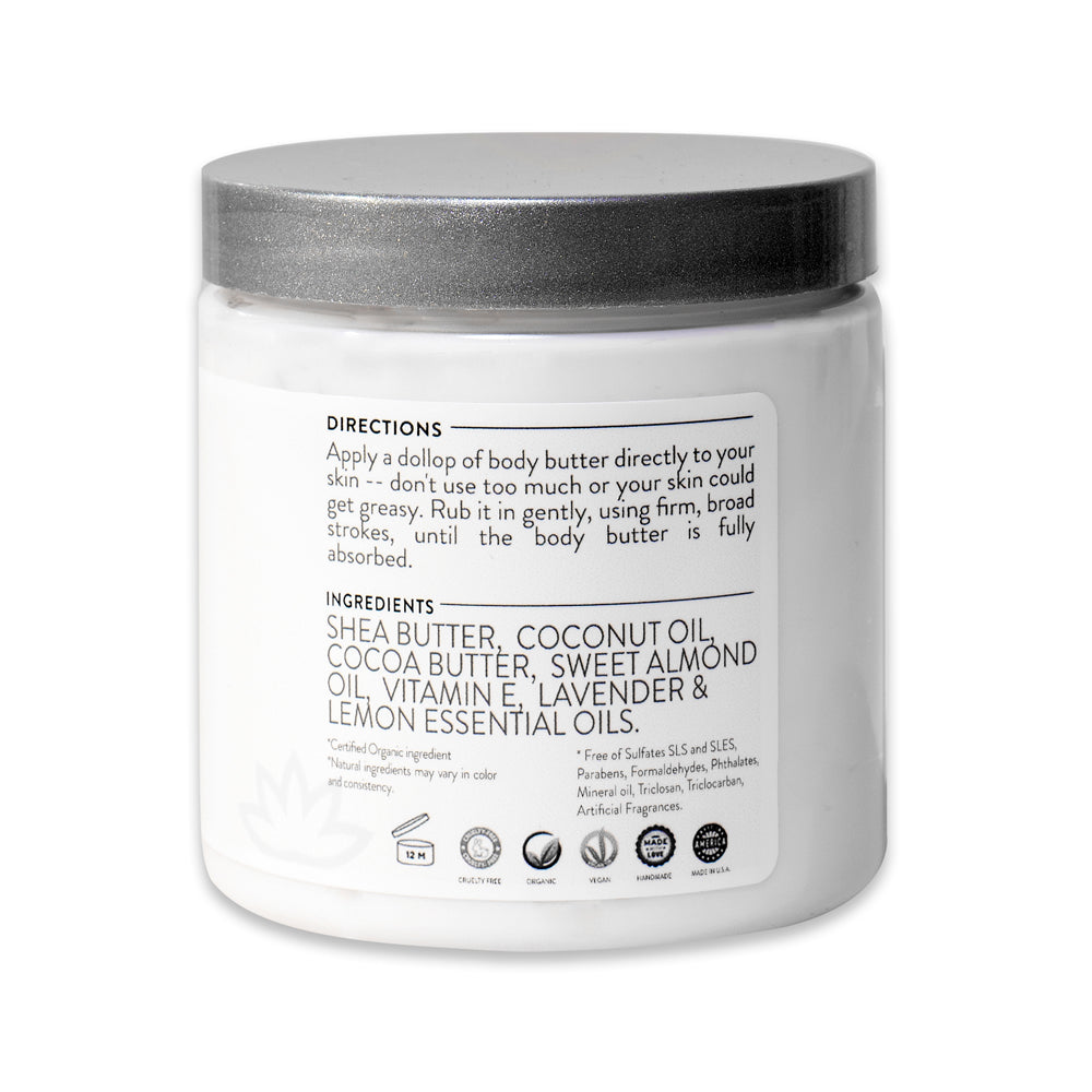 Organic whipped body butter jar with silver lid and ingredients panel.
