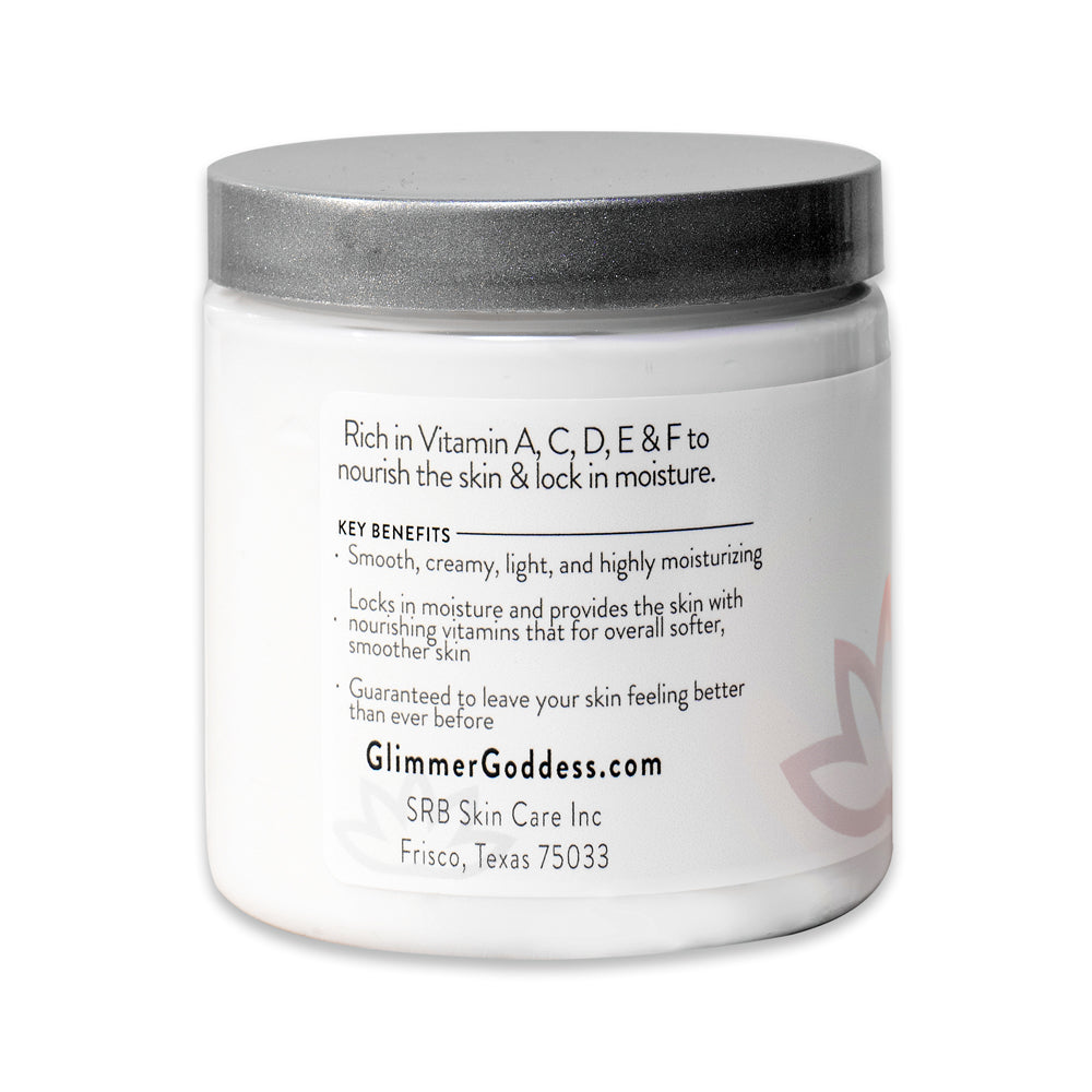 Organic whipped body butter jar with silver lid and back label panel.