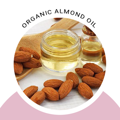 Organic almond oil ingredient graphic with glass jar and almonds in frame.