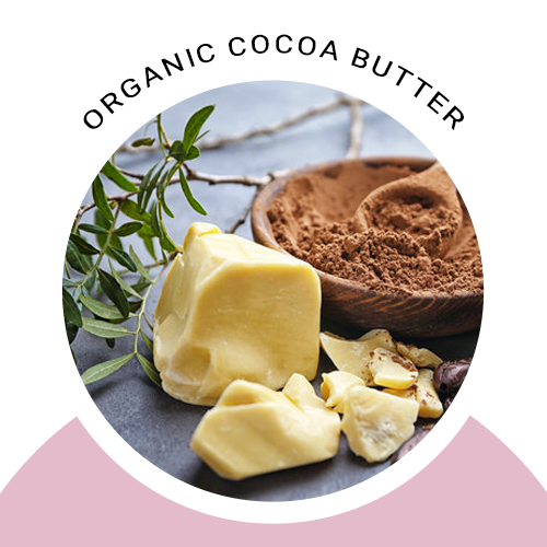 Organic cocoa butter ingredient graphic with cocoa powder, pods, and butter chunks.