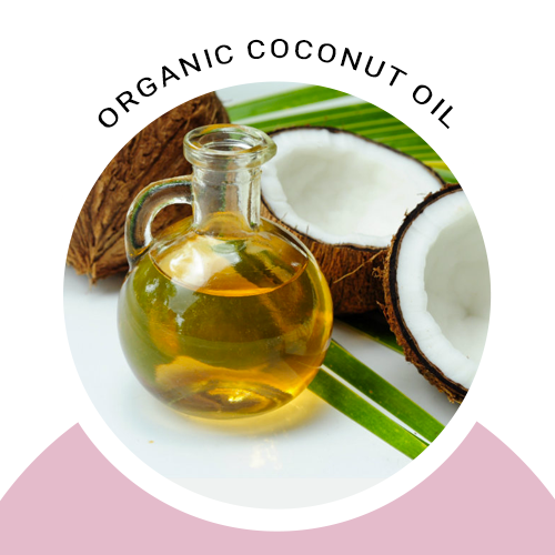 Organic coconut oil ingredient graphic with bottle, green leaves, and coconut halves.