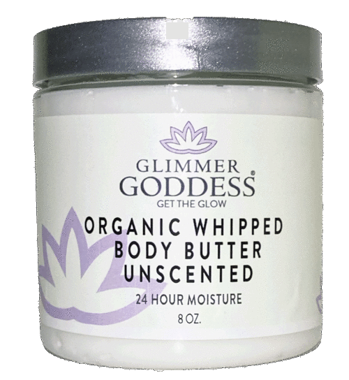 Unscented organic whipped body butter jar with white label, purple logo, dark green lid