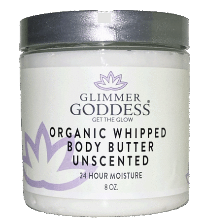 Unscented organic whipped body butter jar with white label, purple logo, dark green lid