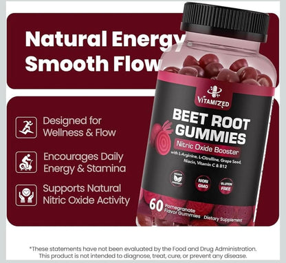 Beet root gummies bottle with black cap, showing label for nitric oxide booster
