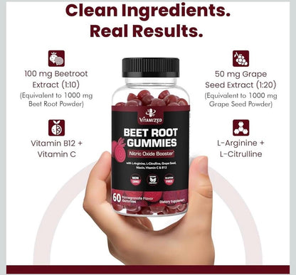 Beet root gummies bottle held in hands with ingredient and supplement information callouts