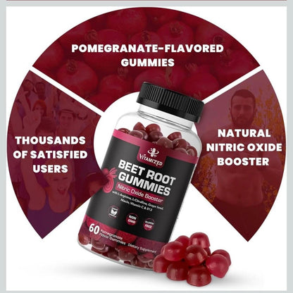 Pomegranate-flavored beet root gummies bottle with loose gummies around it