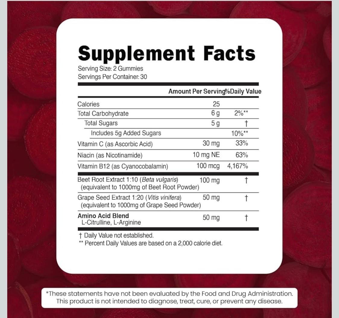 Supplement Facts panel for beet root gummies with serving size and nutrient amounts