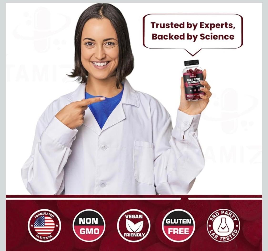 Healthcare professional holding a bottle of beet root gummies, 60-count