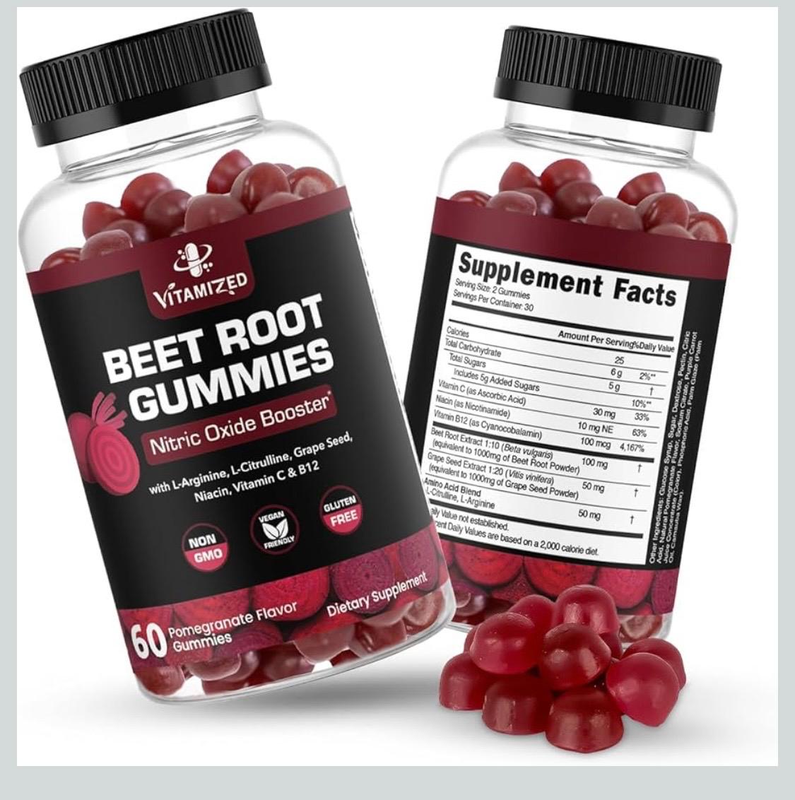 Two-sided beet root gummies bottles with black caps and pomegranate-flavored gummies