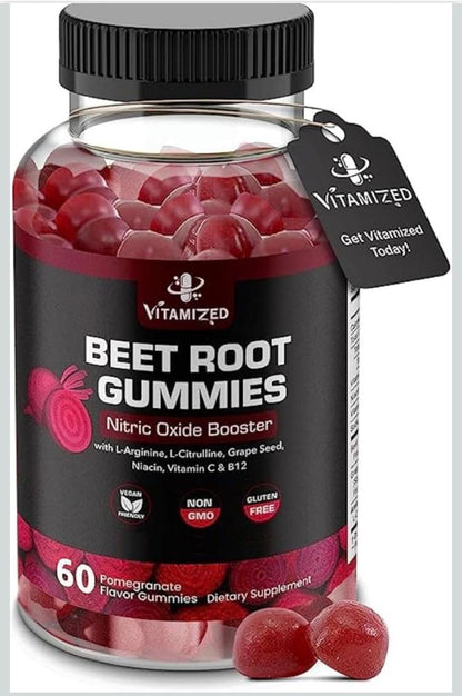 Beet root gummies supplement bottle with black cap and pomegranate flavor, 60 count
