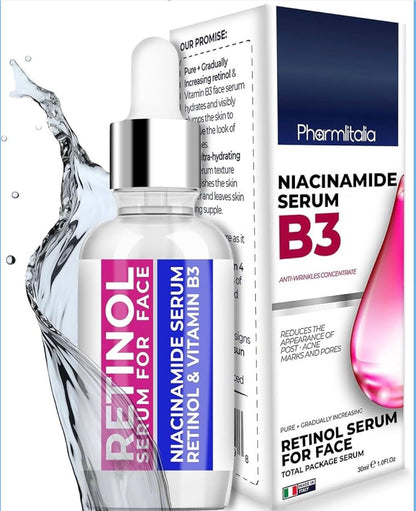 Retinol B3 serum bottle with niacinamide B3 boxed packaging and dropper