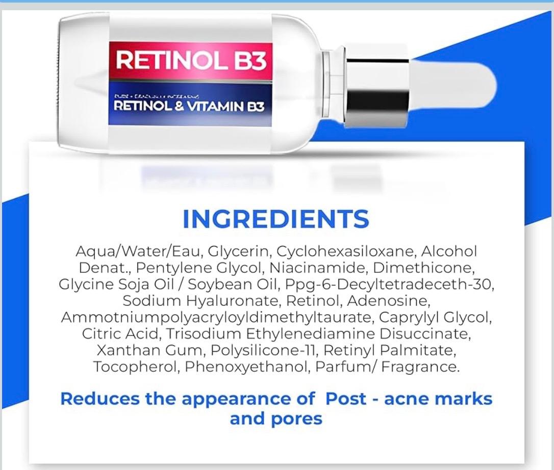 Retinol B3 serum product box with ingredients panel and product label