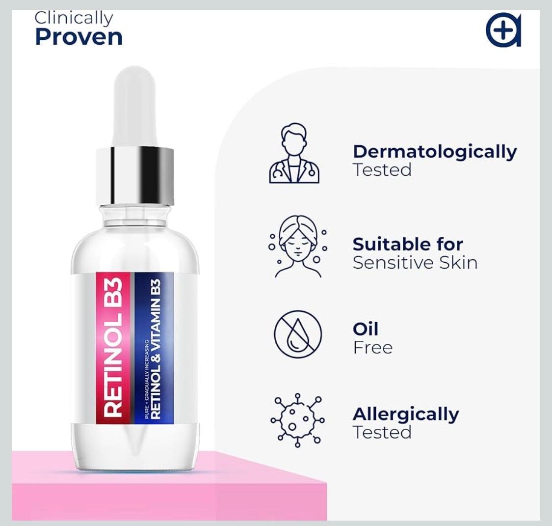 Retinol B3 serum bottle with clinically proven and dermatologically tested icons