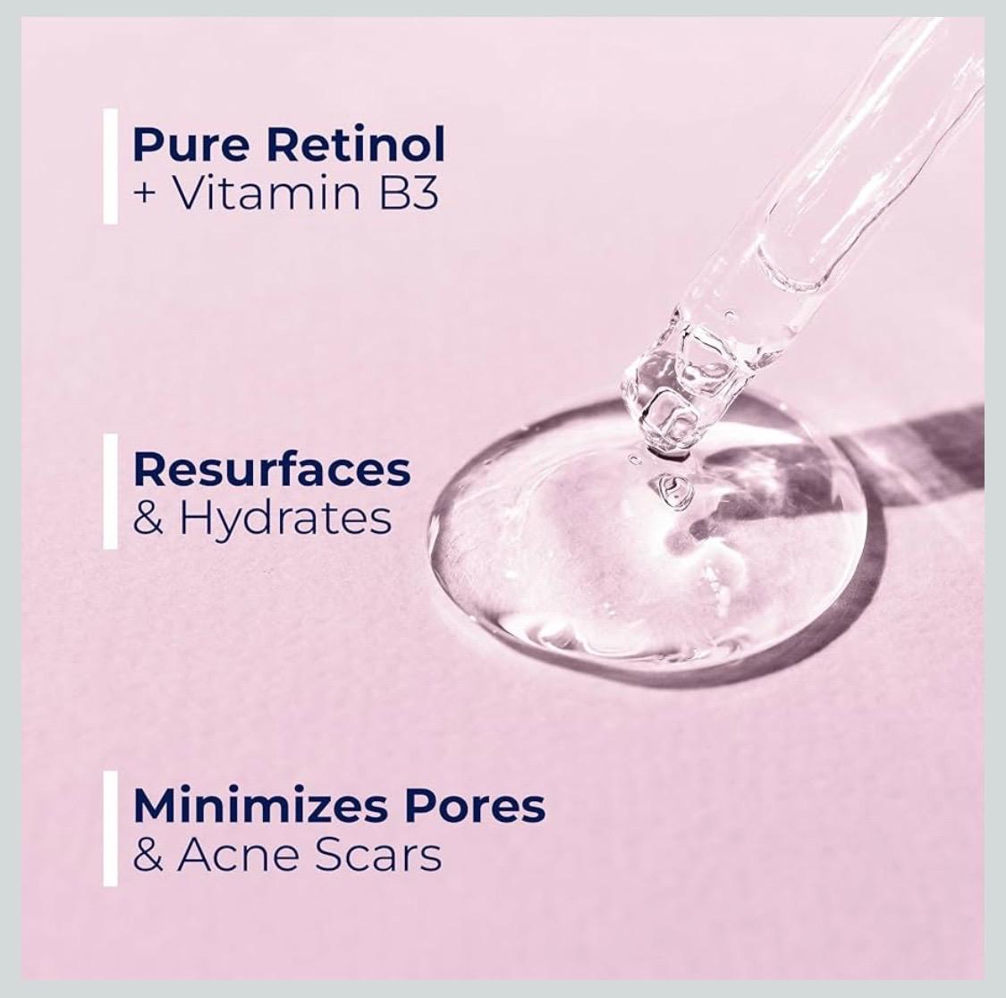 Retinol B3 serum dropper above glass droplet, with minimal serum graphic