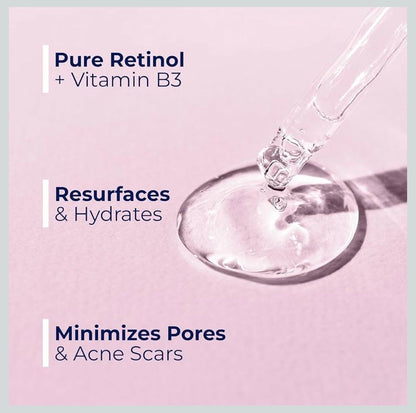 Retinol B3 serum dropper above glass droplet, with minimal serum graphic