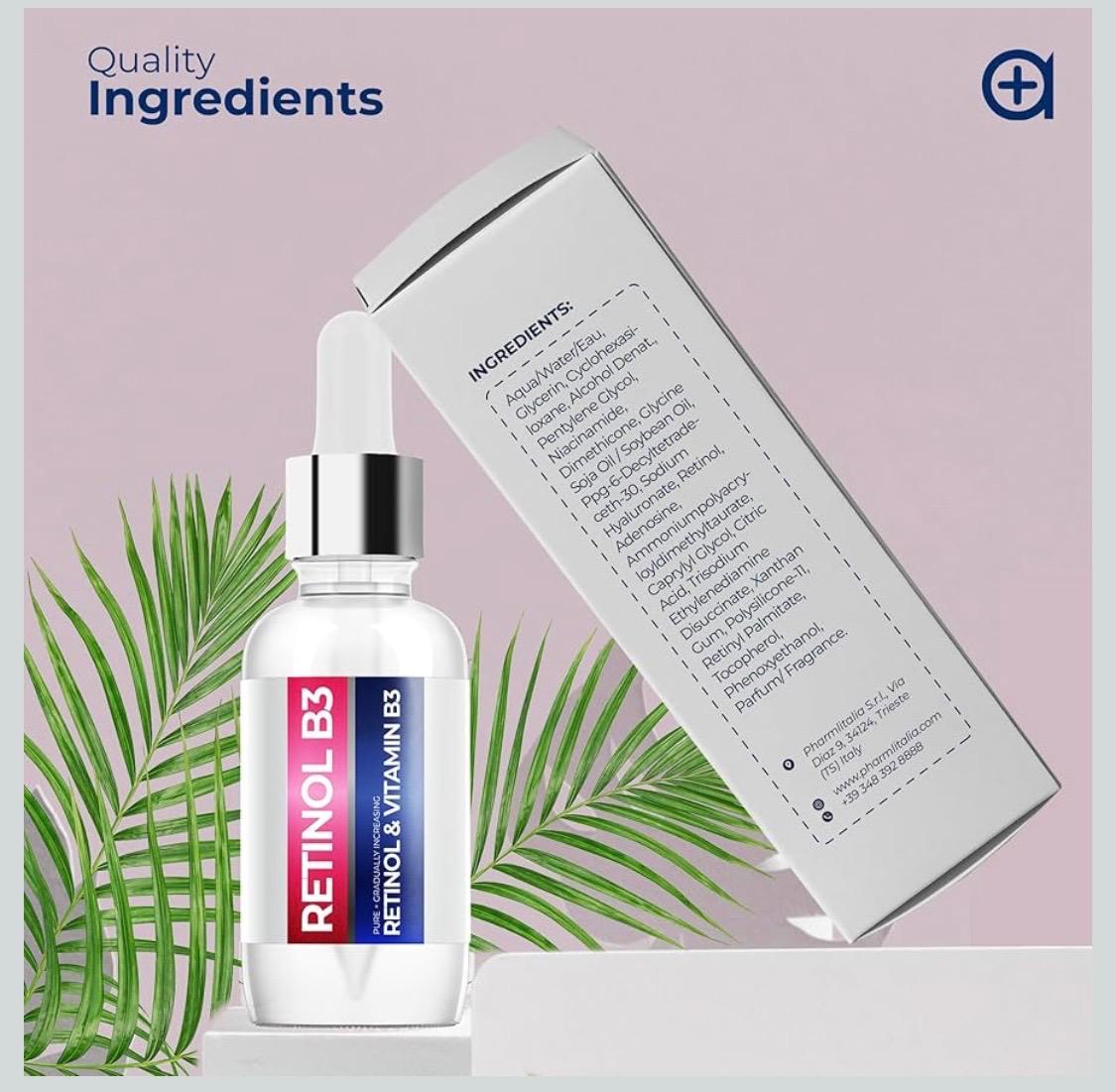Retinol B3 serum bottle with angled ingredient box and green plant leaves
