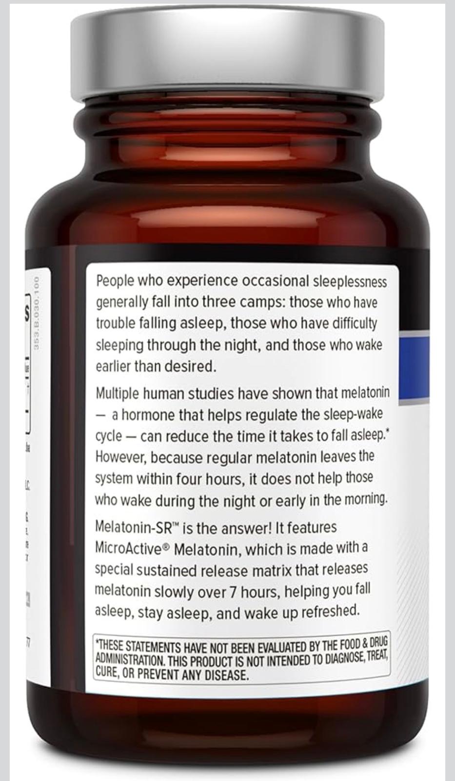 Melatonin-SR label text about 7-hour sustained release on bottle